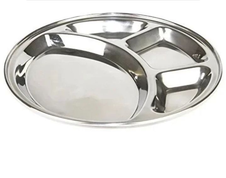 Picture of Buy 2 Get 1 Free Stainless Steel Round Lunch Dinner Plate 3 Pcs Bhojan Thali 4 in 1 Compartments Dinner Set Round Plate - Silver