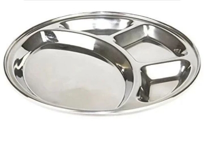 Picture of Buy 2 Get 1 Free Stainless Steel Round Lunch Dinner Plate 3 Pcs Bhojan Thali 4 in 1 Compartments Dinner Set Round Plate - Silver