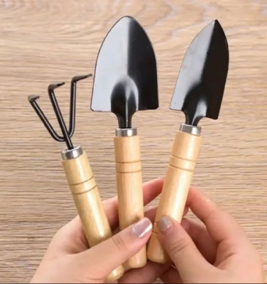 Picture of 3Pcs Mini Garden Tool Set Wooden Handle Small Sharp Shovel Rake House Pot Plants Gift - Black