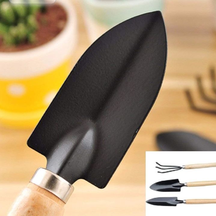 Picture of 3Pcs Mini Garden Tool Set Wooden Handle Small Sharp Shovel Rake House Pot Plants Gift - Black