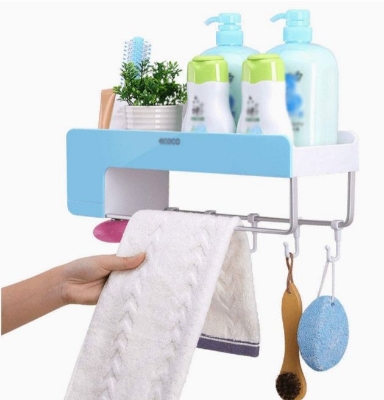 Picture of Adhesive Kitchen Bathroom Organizer Self adhesive Storage Rack Wall Holder With Hook no drill Towel Rack - Blue