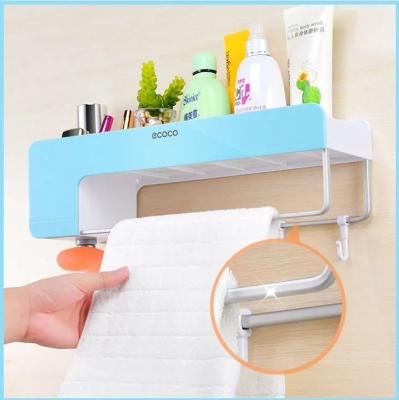 Picture of Adhesive Kitchen Bathroom Organizer Self adhesive Storage Rack Wall Holder With Hook no drill Towel Rack - Blue