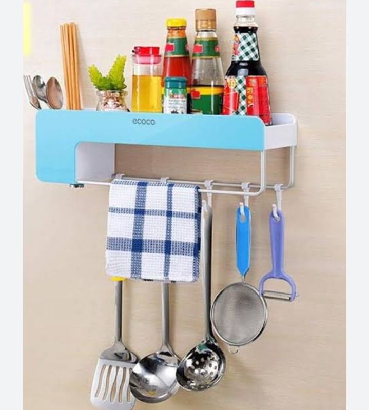 Picture of Adhesive Kitchen Bathroom Organizer Self adhesive Storage Rack Wall Holder With Hook no drill Towel Rack - Blue
