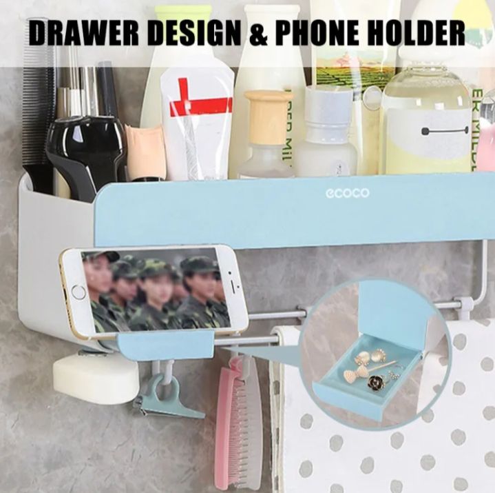 Picture of Adhesive Kitchen Bathroom Organizer Self adhesive Storage Rack Wall Holder With Hook no drill Towel Rack - Blue