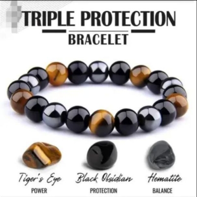 Picture of Triple Protection Bracelet, Tigers Eye - Black Obsidian and Hematite Beaded Bracelets for Men Women, Tourmaline Spiritual Natural Crystal Stone Luck Bracelet, Birthday Mother's Day Gift - Black