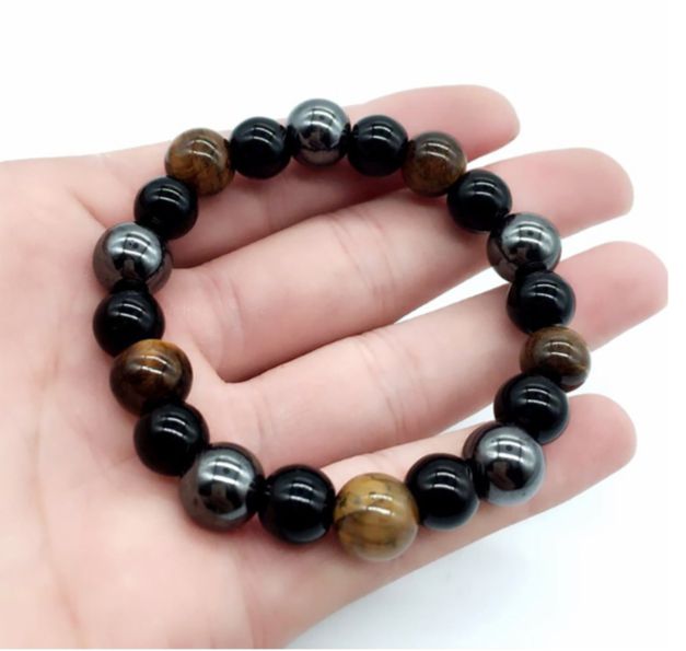 Picture of Triple Protection Bracelet, Tigers Eye - Black Obsidian and Hematite Beaded Bracelets for Men Women, Tourmaline Spiritual Natural Crystal Stone Luck Bracelet, Birthday Mother's Day Gift - Black