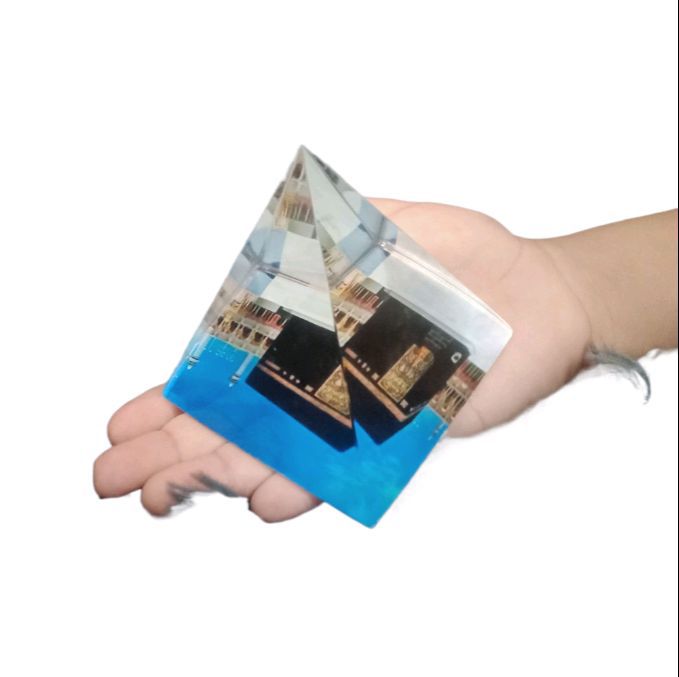 Picture of Islamic Religious & Spiritual Triangular Prism Showpiece Crystal Glass in Pyramid Shape Islamic Showpiece for Car Dashboard, Home Decor & Official Gifting Purpose - Clear