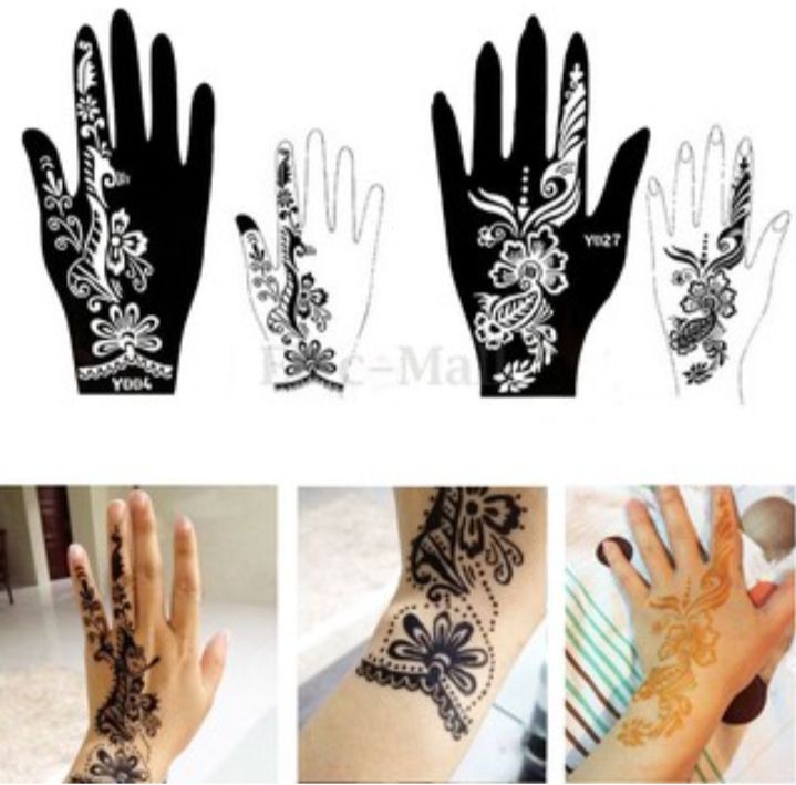 Picture of 3 Pack Mehandi Sticker Self-Adhesive Flower, Butterfly Design Henna Tattoos Stencils  - Black