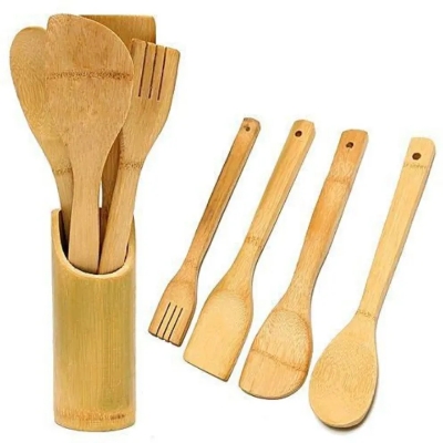Picture of Bamboo Cooking Spoon 4 Piece Set With Holder - Brown