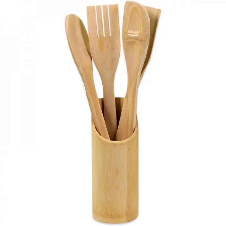 Picture of Bamboo Cooking Spoon 4 Piece Set With Holder - Brown