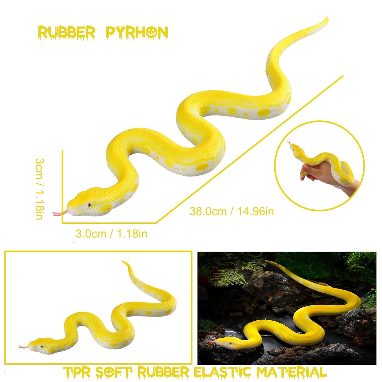 Picture of Fake Snakes Toy Soft Rubber Snake Figure Garden Snake Birds Scare Squirrel Python Snake Toy Figures Stress Relief Toy Halloween Prank Props (Python) - Multicolor