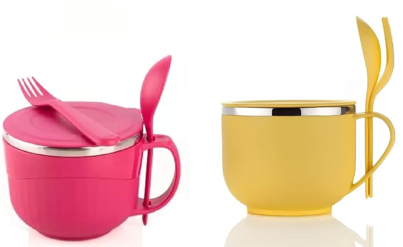 Picture of Stainless Steel Noddles & Soups Bowl 1PCS with Spoon,Fork and Lid Noodle Soup Bowl/Serving Bowl/Noodle/Soup / 650ML/ Inner Stainless Steel/BPA Free MULTICOLOR - Multicolor