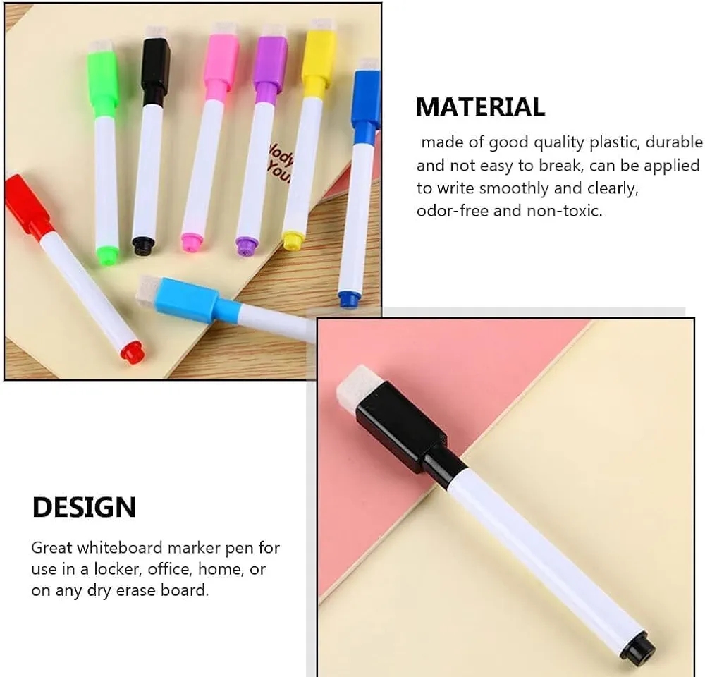 Picture of 5 Pcs Whiteboard Markers for Classroom Dry Erase with Built-in Eraser and Drawing Pen for Kids and Students, Blue, Black, Yellow, Red, Green, Purple, Pink - Multicolor
