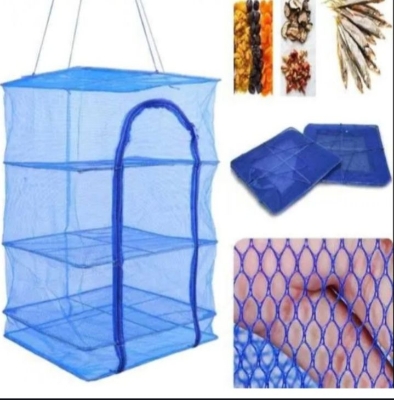 Picture of Foldable Drying Rack Net with Zip Drying Net, 4-Layer  for Hanging Vegetables, Fish, Fruits, Flowers, Plants, Small Clothes, 35 x 35 x 77 cm - Blue
