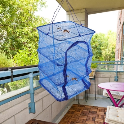 Picture of Foldable Drying Rack Net with Zip Drying Net, 4-Layer  for Hanging Vegetables, Fish, Fruits, Flowers, Plants, Small Clothes, 35 x 35 x 77 cm - Blue