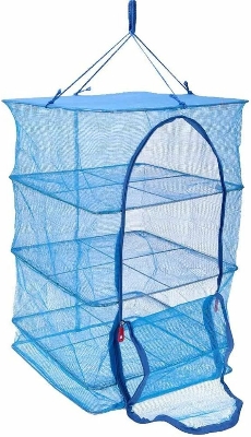 Picture of Foldable Drying Rack Net with Zip Drying Net, 4-Layer  for Hanging Vegetables, Fish, Fruits, Flowers, Plants, Small Clothes, 35 x 35 x 77 cm - Blue