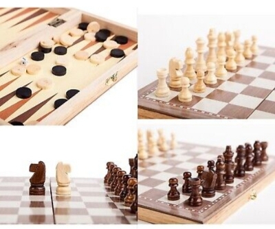 Picture of 12" x 12" Portable Wooden Chess Set 3 in 1 Game Set - Chess / Checkers / Backgammon with Folding Board and Handcrafted Wooden Pieces - Brown