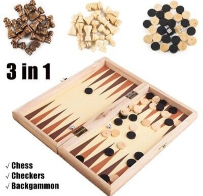 Picture of 12" x 12" Portable Wooden Chess Set 3 in 1 Game Set - Chess / Checkers / Backgammon with Folding Board and Handcrafted Wooden Pieces - Brown