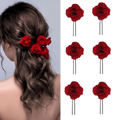 Picture of 2 pcs Small Red Rose Hair Clip Hair Accessories for Women Vintage Rose Flower Hair Clips Bridal Hair Pieces for Bridal Hair Pieces Wedding Birthday Party Beach - Red