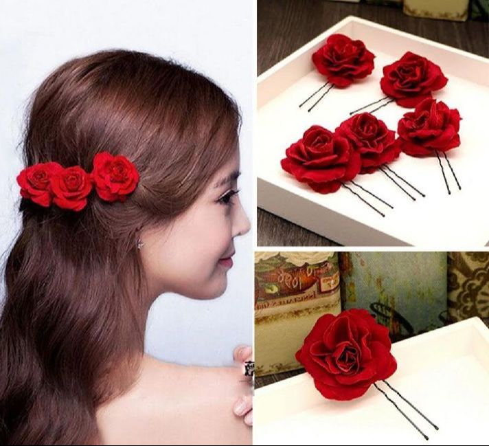 Picture of 2 pcs Small Red Rose Hair Clip Hair Accessories for Women Vintage Rose Flower Hair Clips Bridal Hair Pieces for Bridal Hair Pieces Wedding Birthday Party Beach - Red