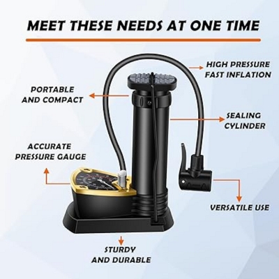 Picture of Mini Bicycle Foot Pump with Sensitive Pressure Gauge 140PSI, Aluminum Alloy Bike Foot Pump