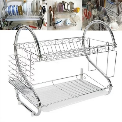 Picture of Stainless Steel Dish Drying Rack 2-Tier Dish Rack with Utensil Holder and Tiered Design , Kitchen Counter Dish Drainer , Dish Dryer Rack Over Sink Organizer - Silver