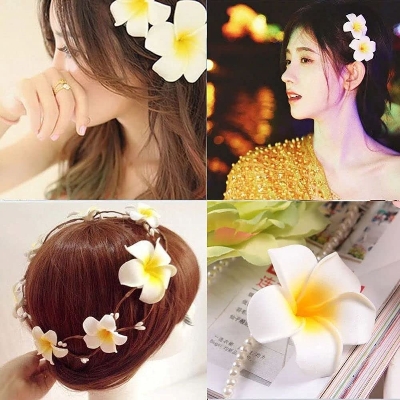 Picture of White Artificial Hawaii Flower Hair Clip 2 pcs Elegant Floral Claw Hair Accessories For Women's Hair Clips, Perfect For Hair Buns, Wedding, Marriage, Valentine's Day Gift (White) - Yellow