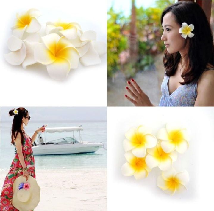 Picture of White Artificial Hawaii Flower Hair Clip 2 pcs Elegant Floral Claw Hair Accessories For Women's Hair Clips, Perfect For Hair Buns, Wedding, Marriage, Valentine's Day Gift (White) - Yellow