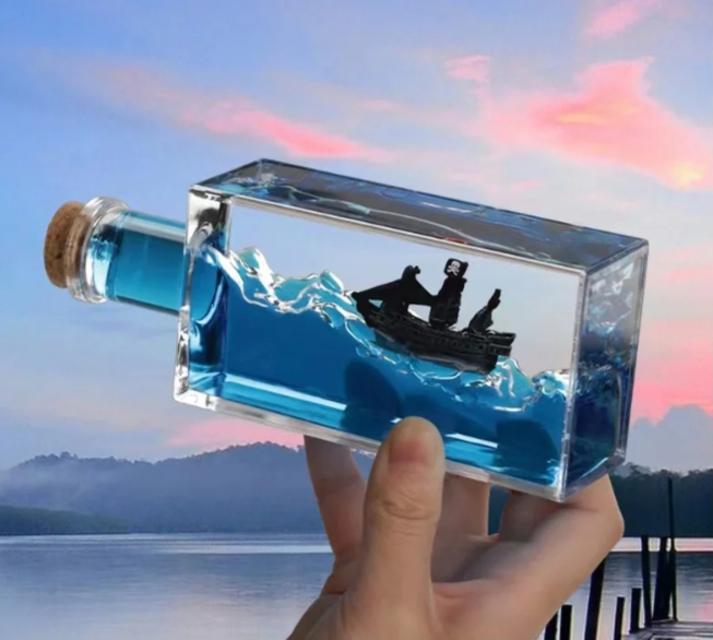 Picture of Acrylic Desktop Decoration Black Liquid Wave Pirate Cruise Ship Fluid Drift Bottle Relaxing Toy Drifting Bottle Floating Boat Ornament Decompression Toy Birthday Gift Home Desktop - Blue