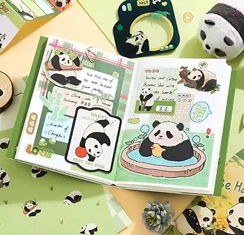 Picture of Vintage Aesthetic Scrapbook Kit, 346 Pcs, A6 Grid Notebook, Vintage Scrapbook Stickers Art Journaling Bullet Junk Journal, Ideal Gifting for Teens, Girls (Panda) - Green