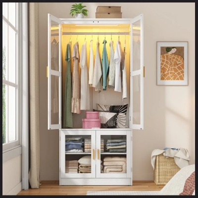 Picture of 4-Door White 71" H Armoire With LED Sensor Light And Hanging Rod & 2 Door Shalve Storage Wardrobe, Modern White LED Sensor Light Almirah