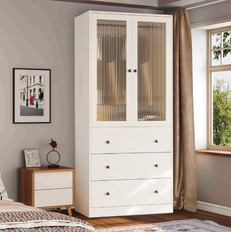 Picture of 2 in 1 wardrobe White Modern Armoire , 2 Door Fluted Glass Hanging Road with 3 Drawer Storage Wardrobe Almari, 2 Part Glass Almirah Hanging Road with Srorage Drawer Almari