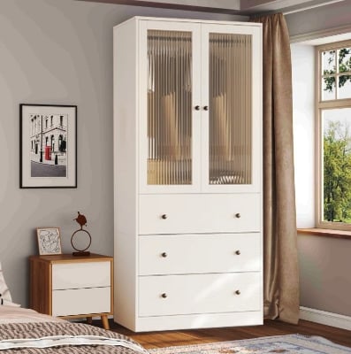 Picture of 2 in 1 wardrobe White Modern Armoire , 2 Door Fluted Glass Hanging Road with 3 Drawer Storage Wardrobe Almari, 2 Part Glass Almirah Hanging Road with Srorage Drawer Almari