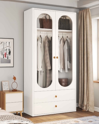 Picture of Modern Glass Door Wardrobe Armoire with 2 Storage Drawer & Hanging Rod Shelve, 2 Glass Door Wardrobe Clothes Cabinet, Milky White 2 Part Glaas Almirah