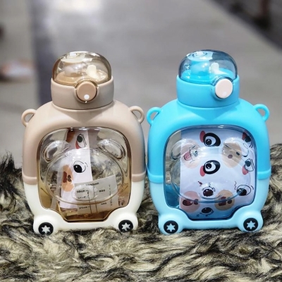 Picture of Mini Cute Bear Water Bottle Portable Tumbler Straw Cup with Stickers and Lace flasks for Kids 1000ml