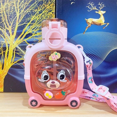 Picture of Mini Cute Bear Water Bottle Portable Tumbler Straw Cup with Stickers and Lace flasks for Kids 1000ml