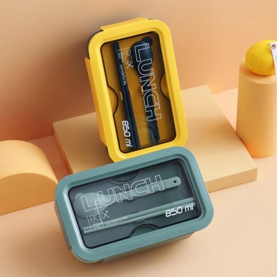 Picture of 850 Ml Leakproof Tiffin Box Free Spoon Chopsticks 2 Compartment Lunch Box Lite Weight Container For School Office-Yellow/Green