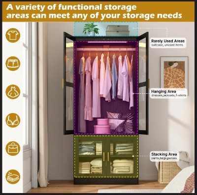 Picture of 4-Door 71" H Armoire With LED Sensor Light And Hanging Rod & 2 Door Shalve Storage Wardrobe, Modern Black LED Sensor Light Almirah