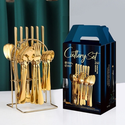 Picture of 24pcs Stainless Steel Cutlery Set with Holder - Steak Knife Fork Spoon