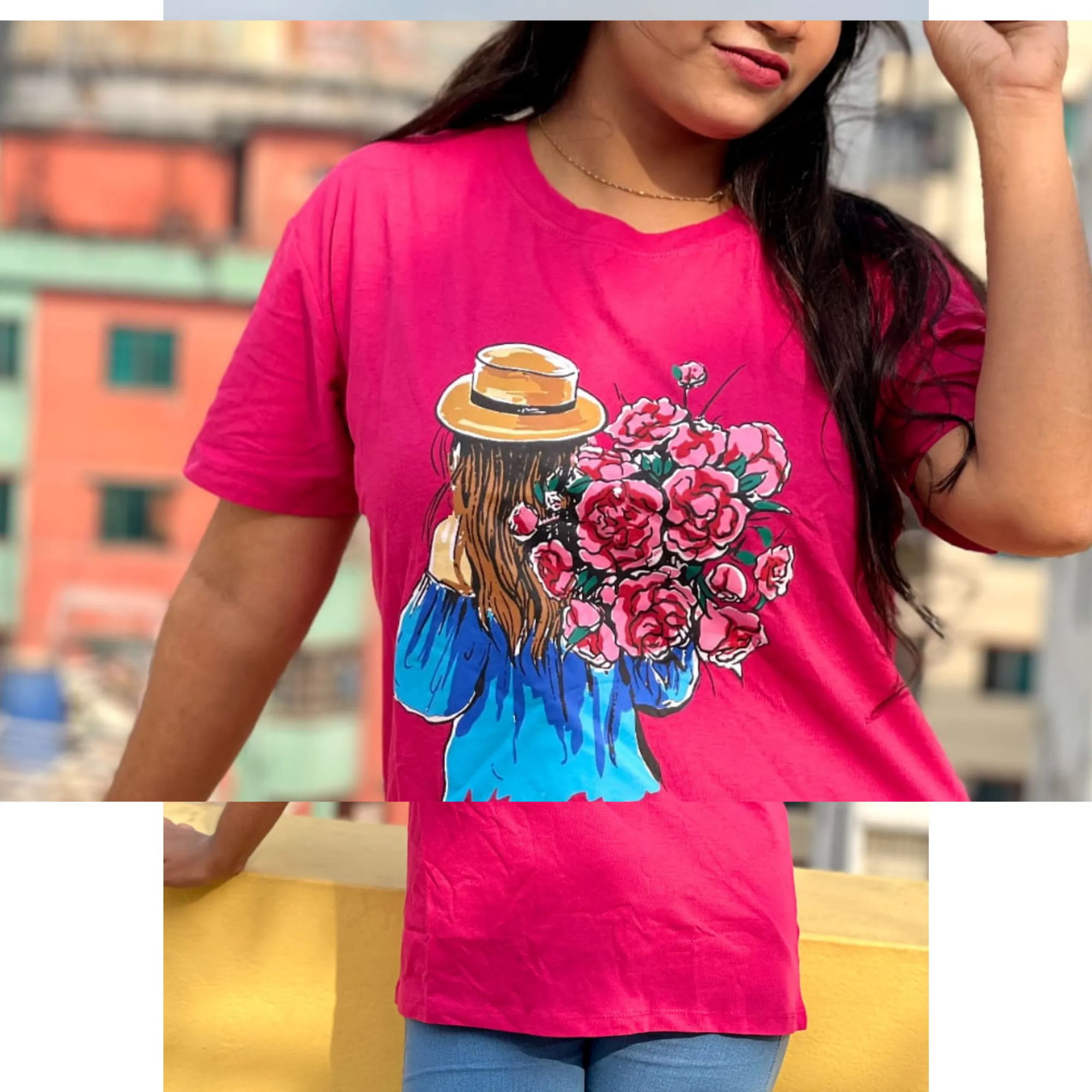Picture of Women Print Smile T shirt | Half Sleeve Plain | Regular Fit Ladies T Shirt for Women & Girls | Cotton Shirt for Women