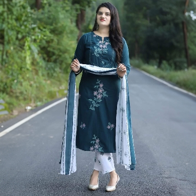 Picture of Readymade Linen Skin Print Ladies Casual Three Piece Shalwar Kameez for Women - Cyan