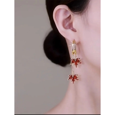 Picture of Fashion Red Maple Leaf Gold Plated Ear Hoop Earrings Dangle Women Jewelry