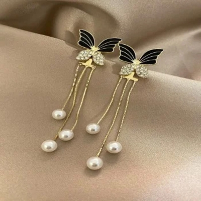 Picture of Cubic Zirconia Decor Butterfly & Faux Pearl Drop Earrings