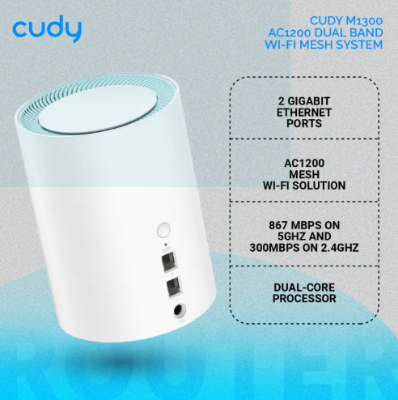 Picture of Cudy M1300 (1-Pack) AC1200 Dual Band Whole Home Wi-Fi Mesh System - 867Mbps on 5GHz and 300Mbps on 2.4GHz - 2 Gigabit Ethernet Ports - White