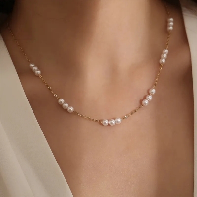 Picture of Pearl Chain Necklace Women Tenoor - Gold
