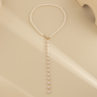 Picture of Women's Long Tassel Imitation Pearl Pendant Necklace Sexy Pearl Beads Chain Neck Choker Party Jewelry Tenoor - Off White