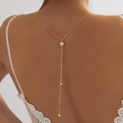 Picture of Backdrop Necklaces Back Chest Chain for Women Wedding Bridal Backless Dress Prom Accessories Tenoor - Gold