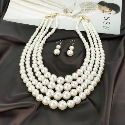 Picture of Multi Layer Off White Pearl Necklace for Women with 6mm, 8mm, 10mm, 12mm, Beads for Party and Wedding - Off White