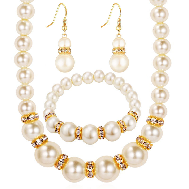 Picture of Jewellery Sets Charm Wedding Jewelry Set Pearl Party Prom Gift Crystal Bracelet Necklace Earrings for Women - Off White