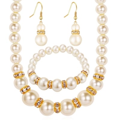 Picture of Jewellery Sets Charm Wedding Jewelry Set Pearl Party Prom Gift Crystal Bracelet Necklace Earrings for Women - Off White